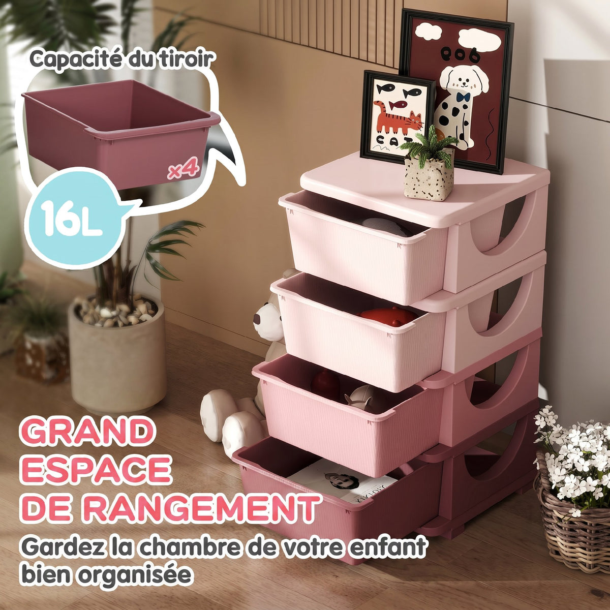 Organisateur de jouets pour enfants avec 4 tiroirs à 4 niveaux, boîtes de rangement en plastique, 37 x 37 x 76 cm, rose-3