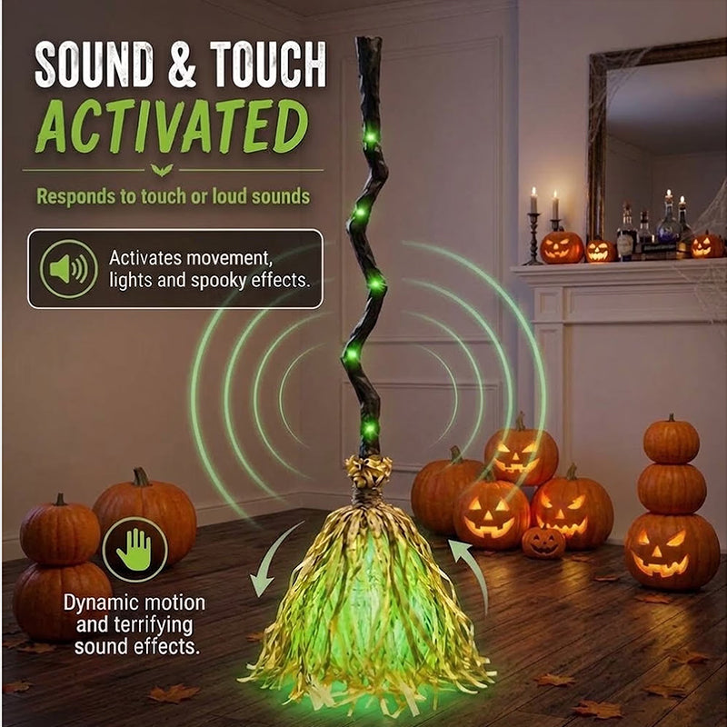 Glowing Witch Broom with Sound Effects – Auto Bouncing Halloween Decor, Haunted House Party Prop, Indoor Decoration Gift
