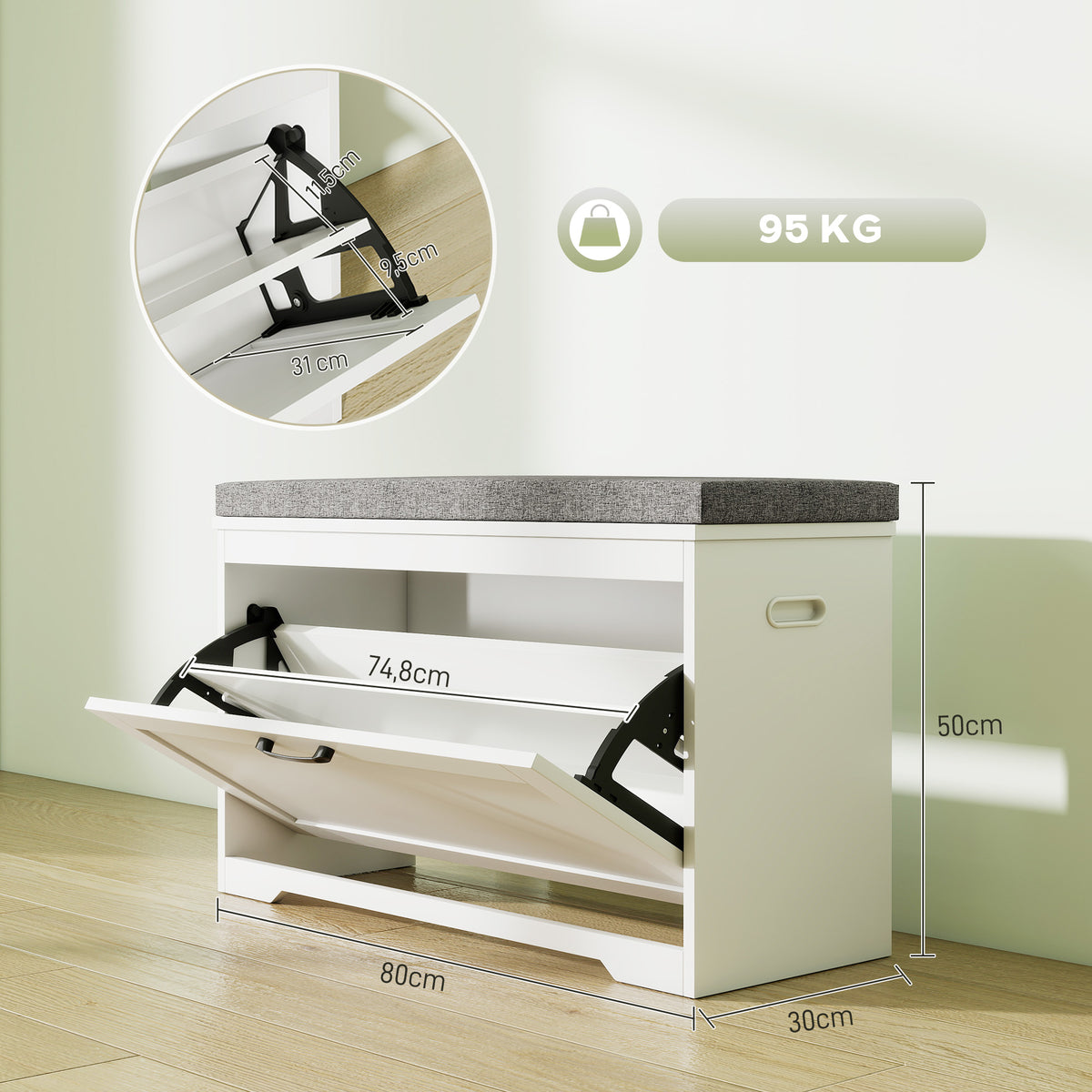 Schuhbank, moderne Eingangsbank mit gepolstertem Sitz, Kippschublade und verstellbarem Regal, 80x30x50cm, weiß