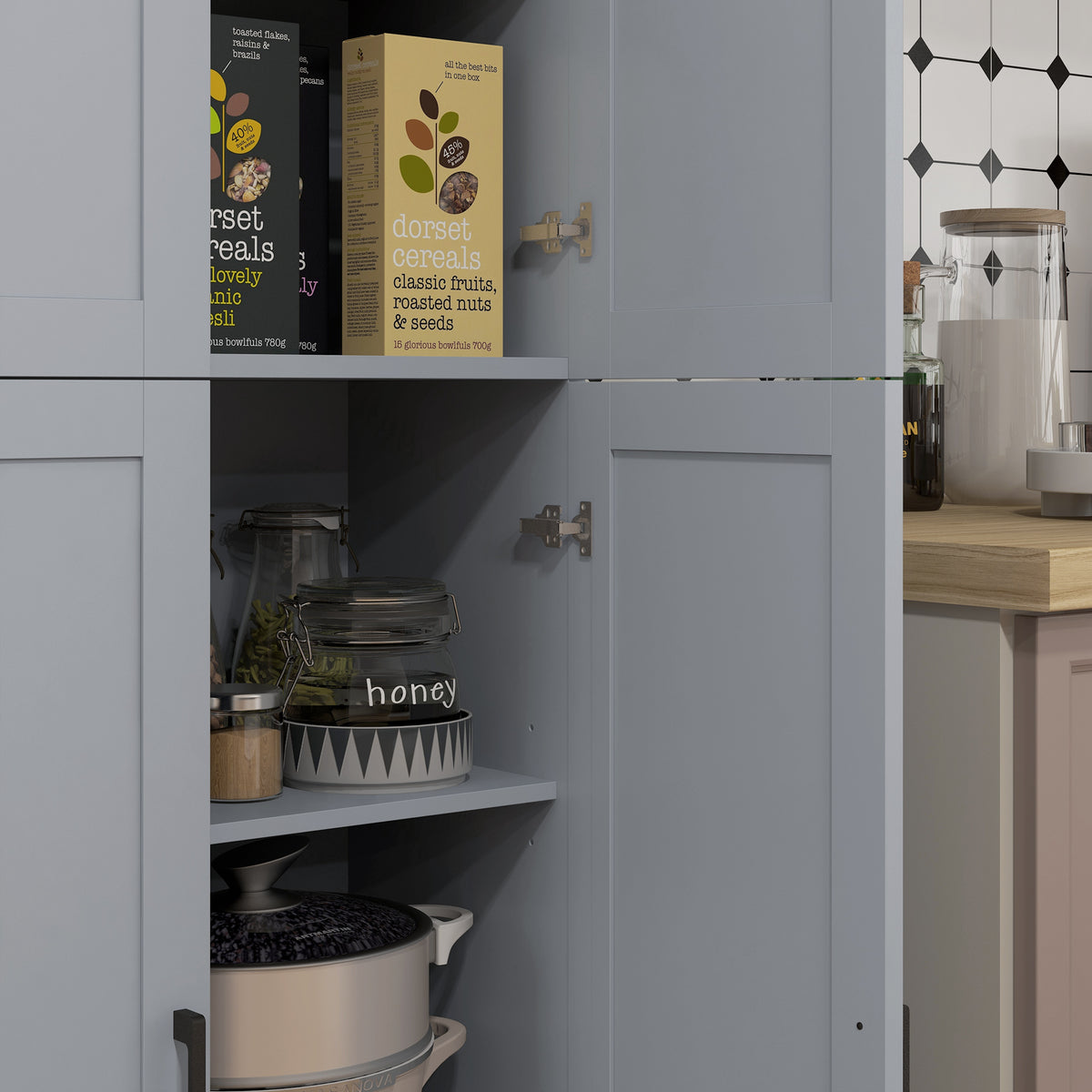 Küchenschrank, 170 cm hoch, Hochschrank mit 4 Türen und verstellbaren Einlegeböden, modernes Design, grau
