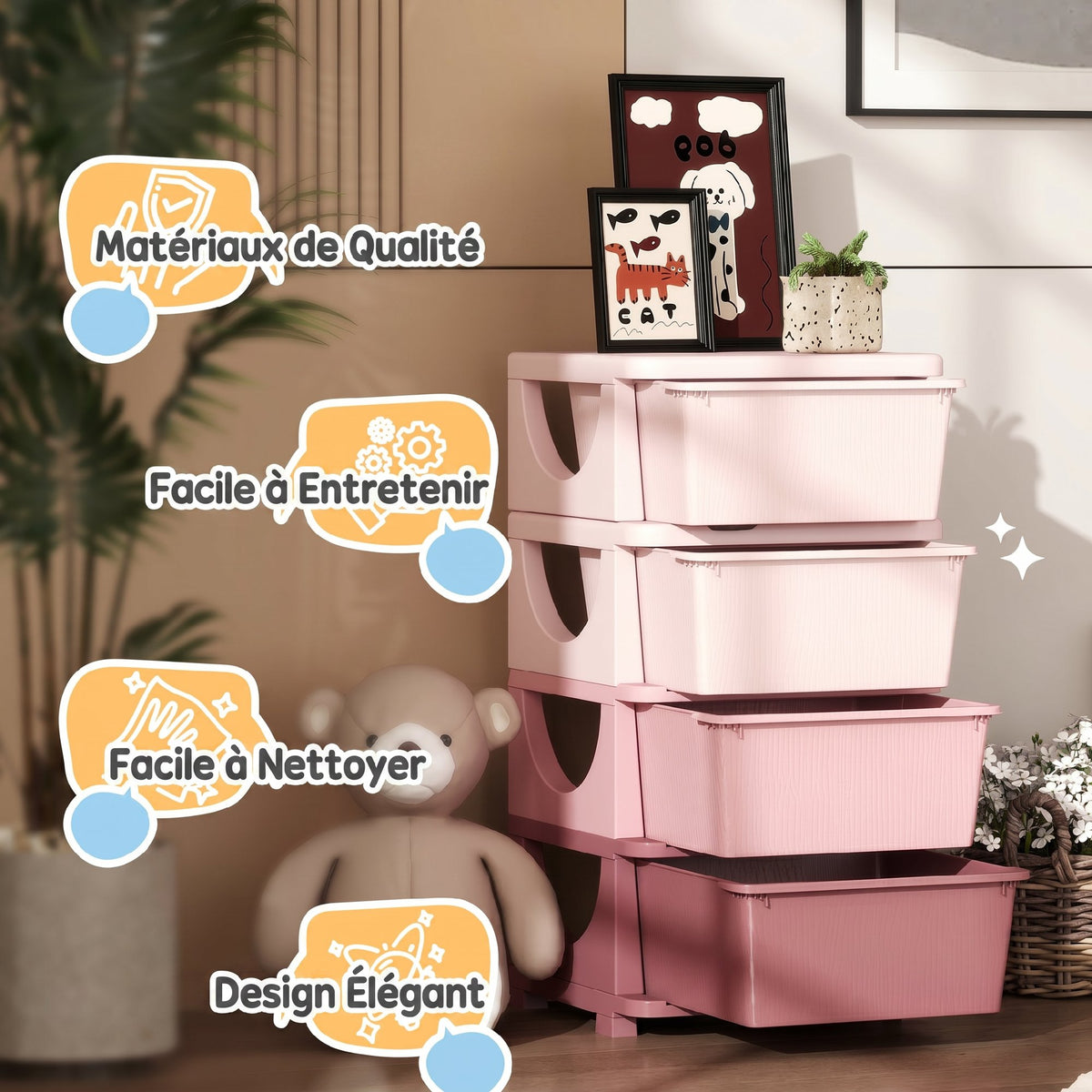 Organisateur de jouets pour enfants avec 4 tiroirs à 4 niveaux, boîtes de rangement en plastique, 37 x 37 x 76 cm, rose-6