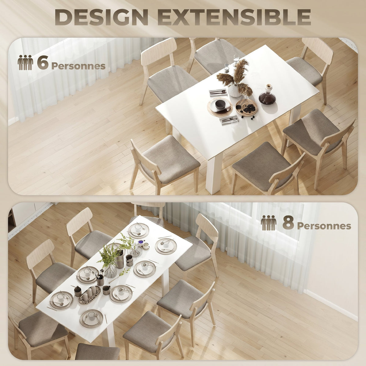 Table à manger extensible, table de cuisine rectangulaire, pour 6-8 personnes, 140-180 x 80 cm, blanc