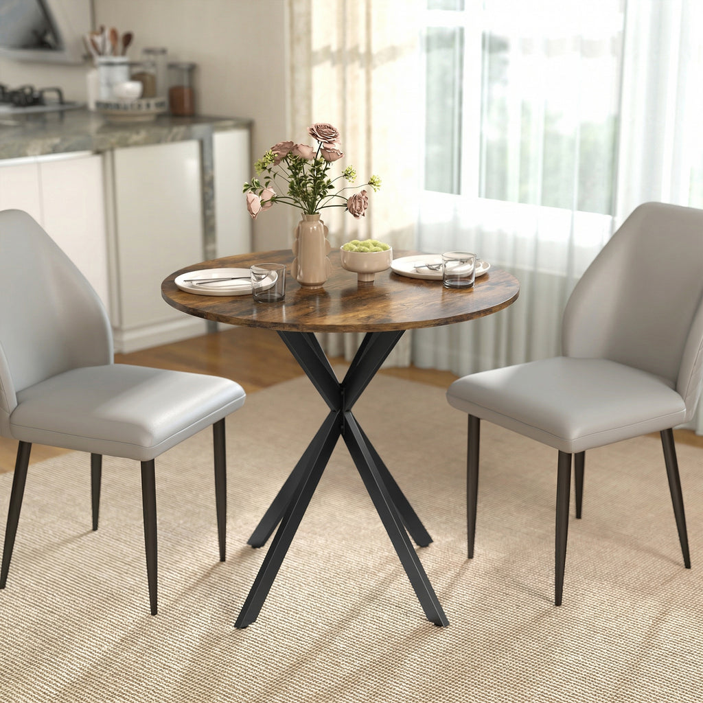 Table à Manger Ronde pour 2 Personnes avec Plateau Aspect Bois et Piètement Croisé en Acier, Brun Rustique
