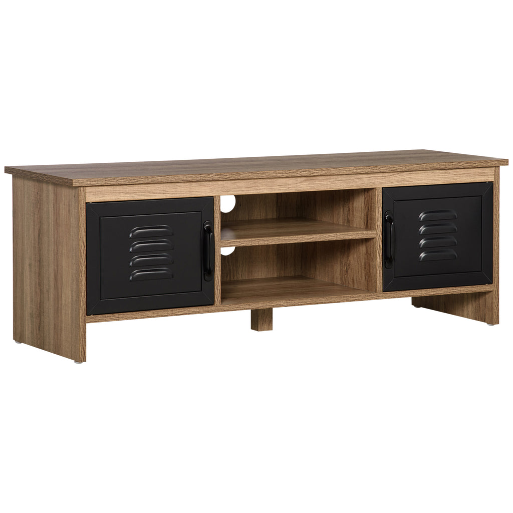 Meuble TV Banc TV 110 cm Design Industriel, avec 2 placards, 2 niches, 2 Passe-Fils, Aspect Bois veinage Portes métal Noir-0