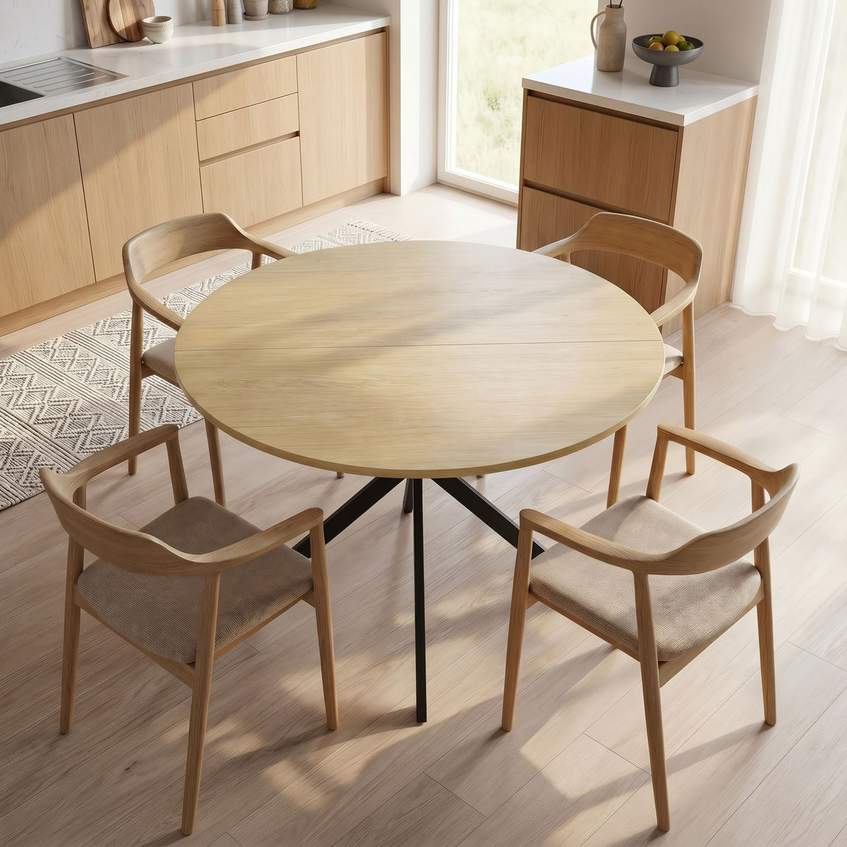 Runder Esstisch für 4 Personen 100 cm, Industrial-Stil mit Holzoptik-Platte, gekreuztes Stahlgestell Eiche