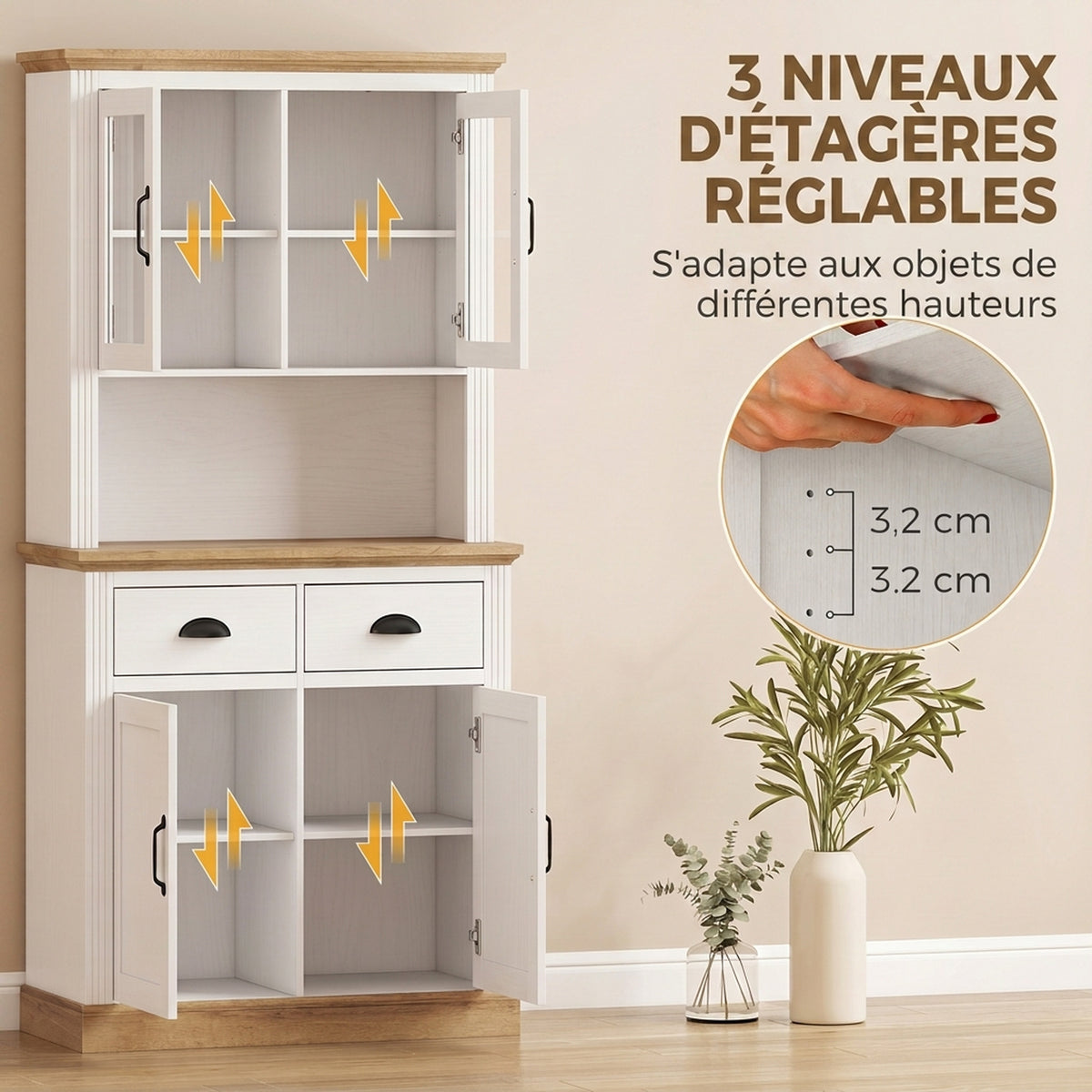 Highboard Küche, Küchenschrank, 4 Türen, davon 2 Glastüren, 2 Schubladen, Arbeitsplatte, verstellbare Einlegeböden, Weiß