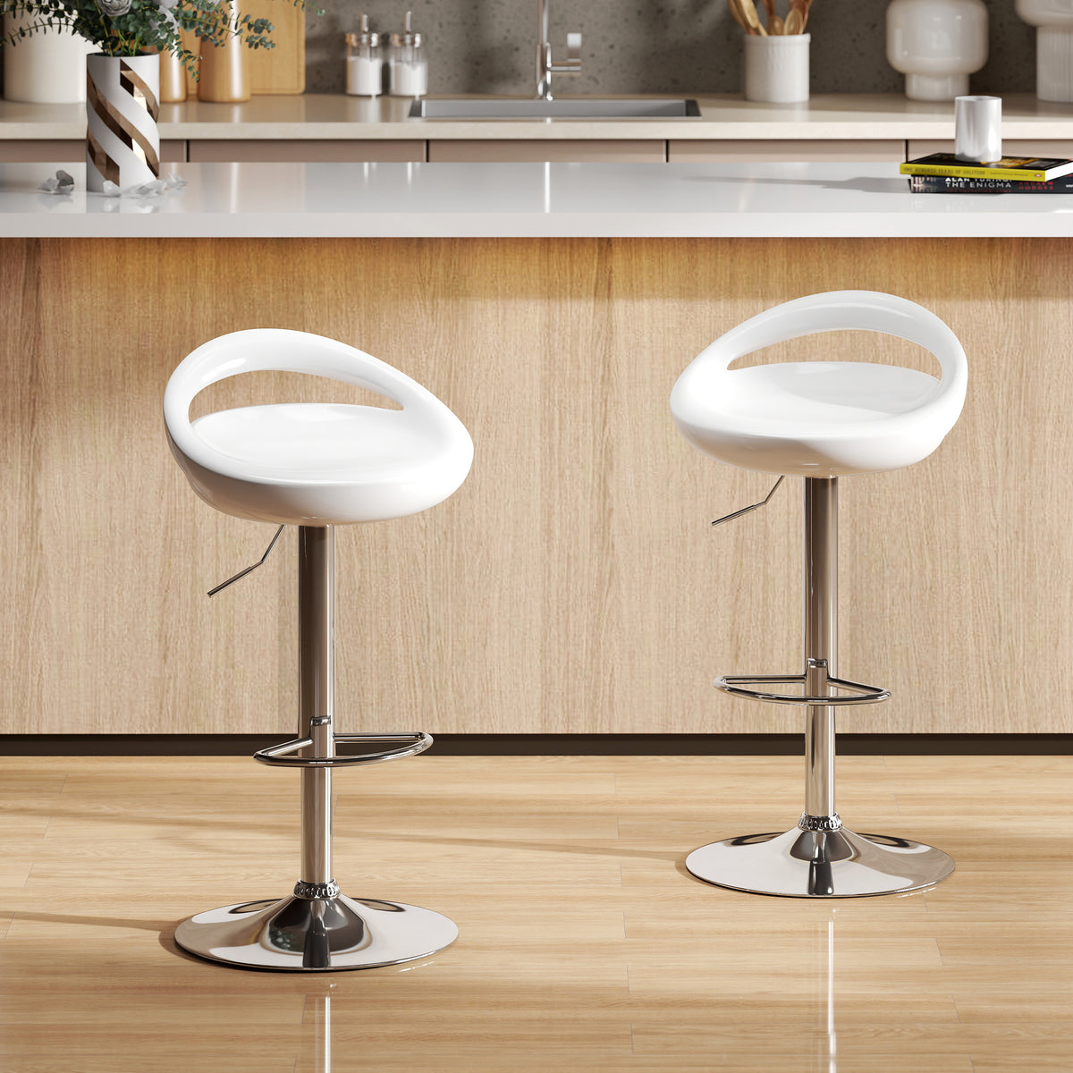2er-Set Barhocker, höhenverstellbar, Rückenlehne und Fußstütze, 360° drehbar, 46x41x76-96cm, weiß