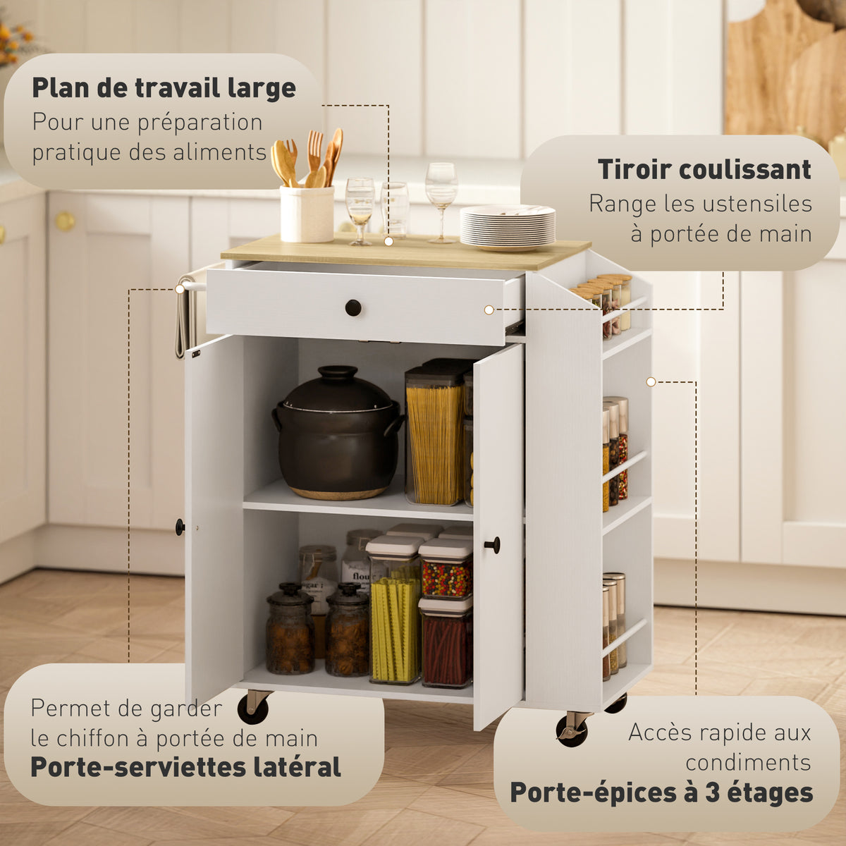 Mobile Kücheninsel Servierwagen mit Schublade, verstellbarem Regal, zweitürigem Schrank, 82 x 38 x 86,5 cm, weiß