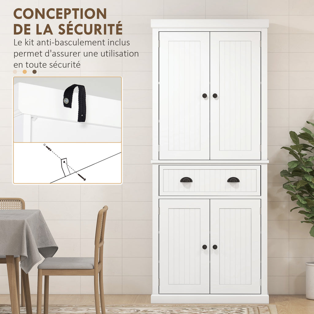 Küchenschrank, Küchenbuffet, Mehrzweckschrank, verstellbare Einlegeböden, 4 Türen, große Schublade, 76,2 x 40,2 x 183 cm, Weiß