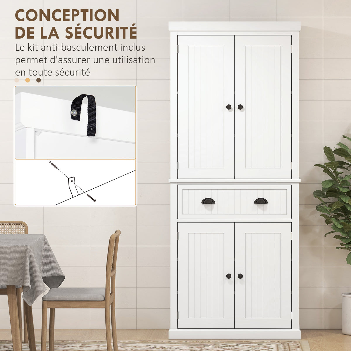Küchenschrank, Küchenbuffet, Mehrzweckschrank, verstellbare Einlegeböden, 4 Türen, große Schublade, 76,2 x 40,2 x 183 cm, Weiß