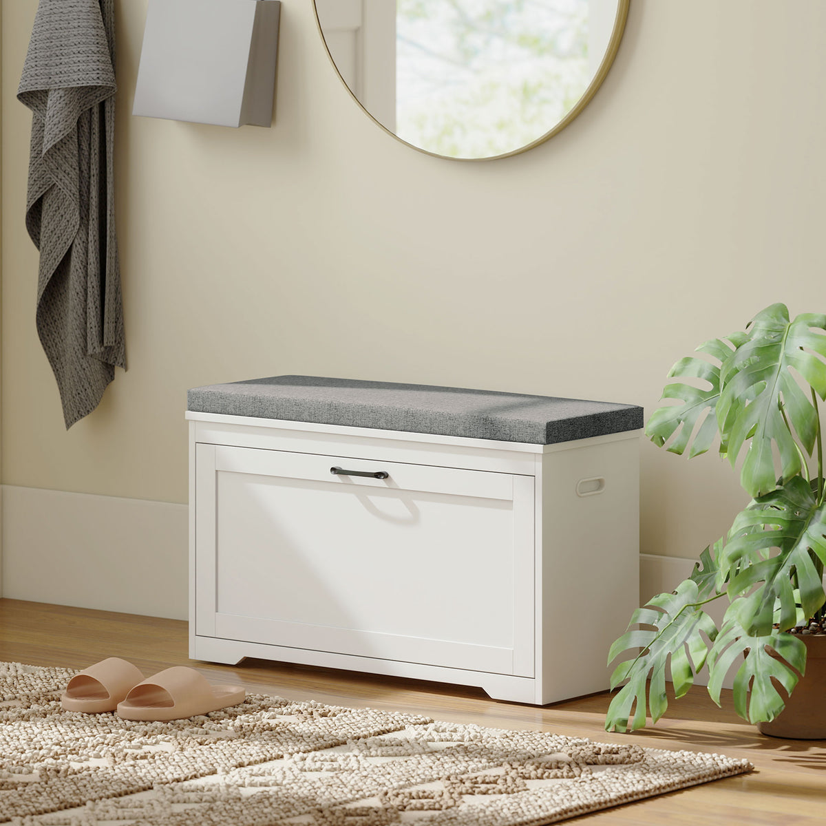 Schuhbank, moderne Eingangsbank mit gepolstertem Sitz, Kippschublade und verstellbarem Regal, 80x30x50cm, weiß