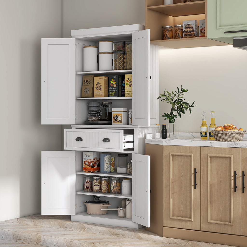 Küchenschrank, Küchenbuffet, Mehrzweckschrank, verstellbare Einlegeböden, 4 Türen, große Schublade, 76,2 x 40,2 x 183 cm, Weiß