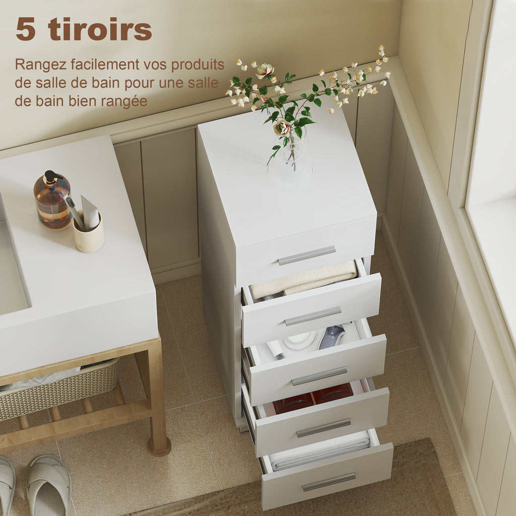 Meuble de Salle de Bain 5 Tiroirs, Meuble de Rangement, 30 x 30 x 95 cm, Commode Salle de Bain, 30 x 30 x 95 cm, Blanc