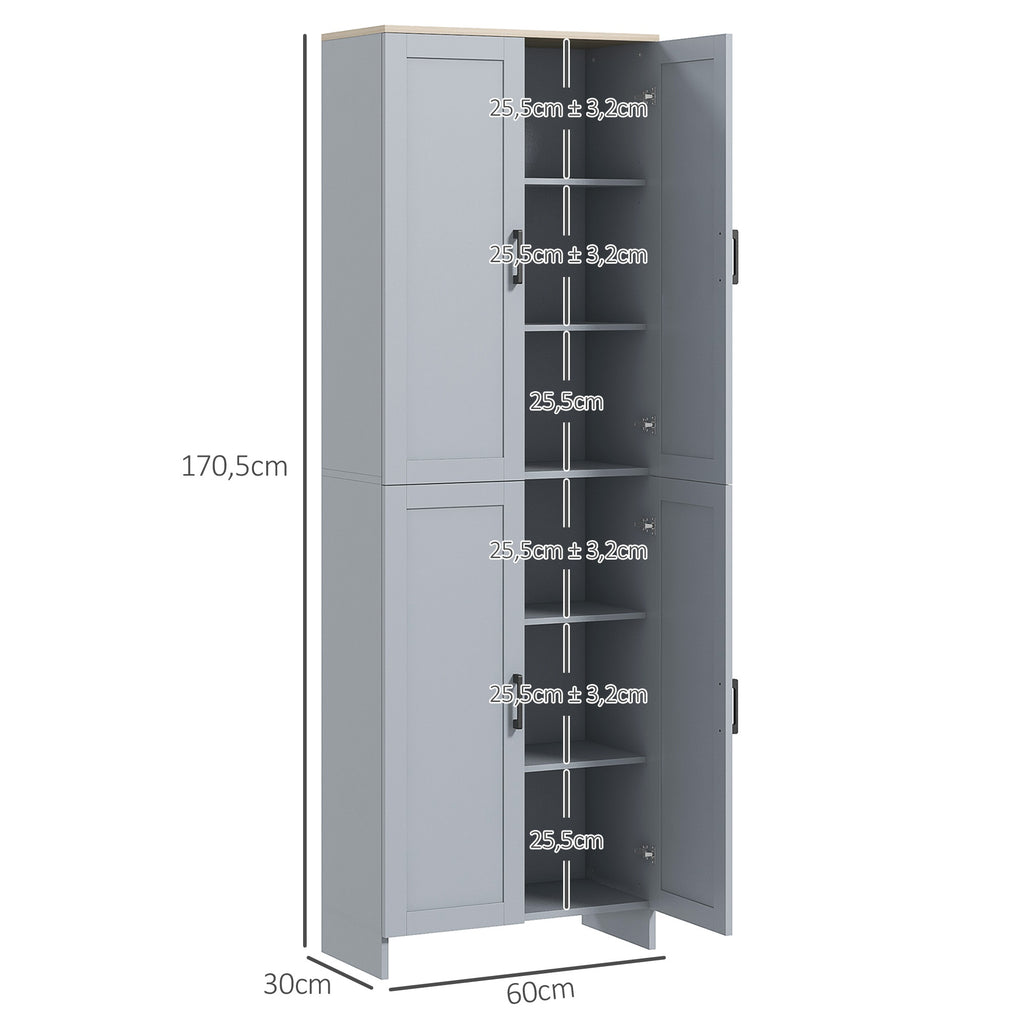 Küchenschrank, 170 cm hoch, Hochschrank mit 4 Türen und verstellbaren Einlegeböden, modernes Design, grau