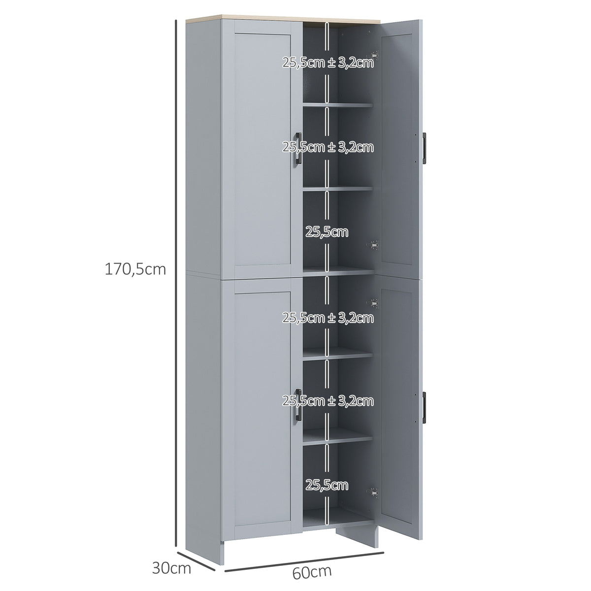 Küchenschrank, 170 cm hoch, Hochschrank mit 4 Türen und verstellbaren Einlegeböden, modernes Design, grau