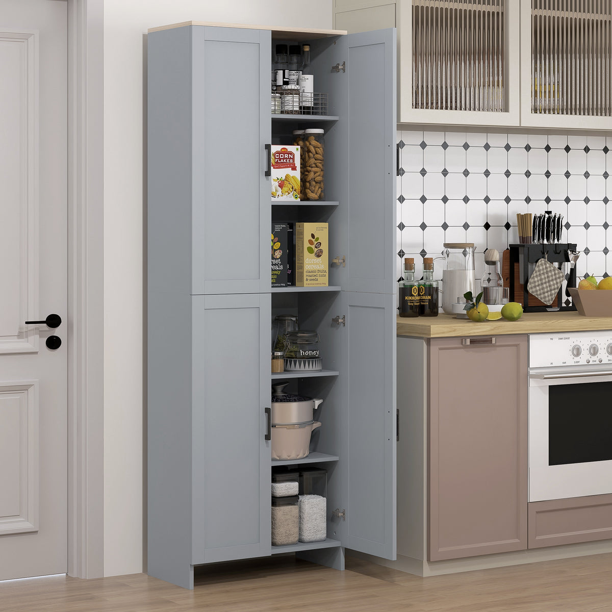 Küchenschrank, 170 cm hoch, Hochschrank mit 4 Türen und verstellbaren Einlegeböden, modernes Design, grau
