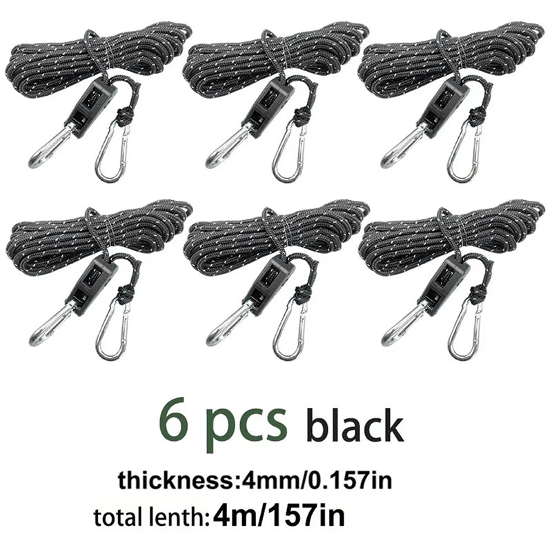 4M 6Pcs Reflective Tent Rope Set – Camping Guy Lines with Tension Buckles, Ratchet Hangers & Awning Tie-Downs, Outdoor