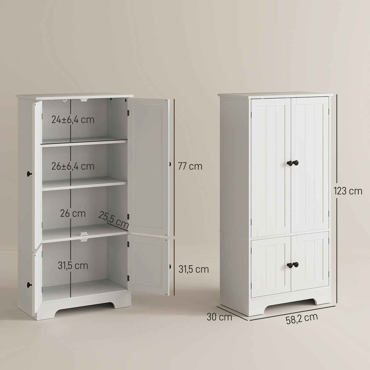 Küchenschrank, Küchenbuffet mit verstellbaren Schranktüren und Einlegeböden, 58,2 x 30 x 123 cm, weiß