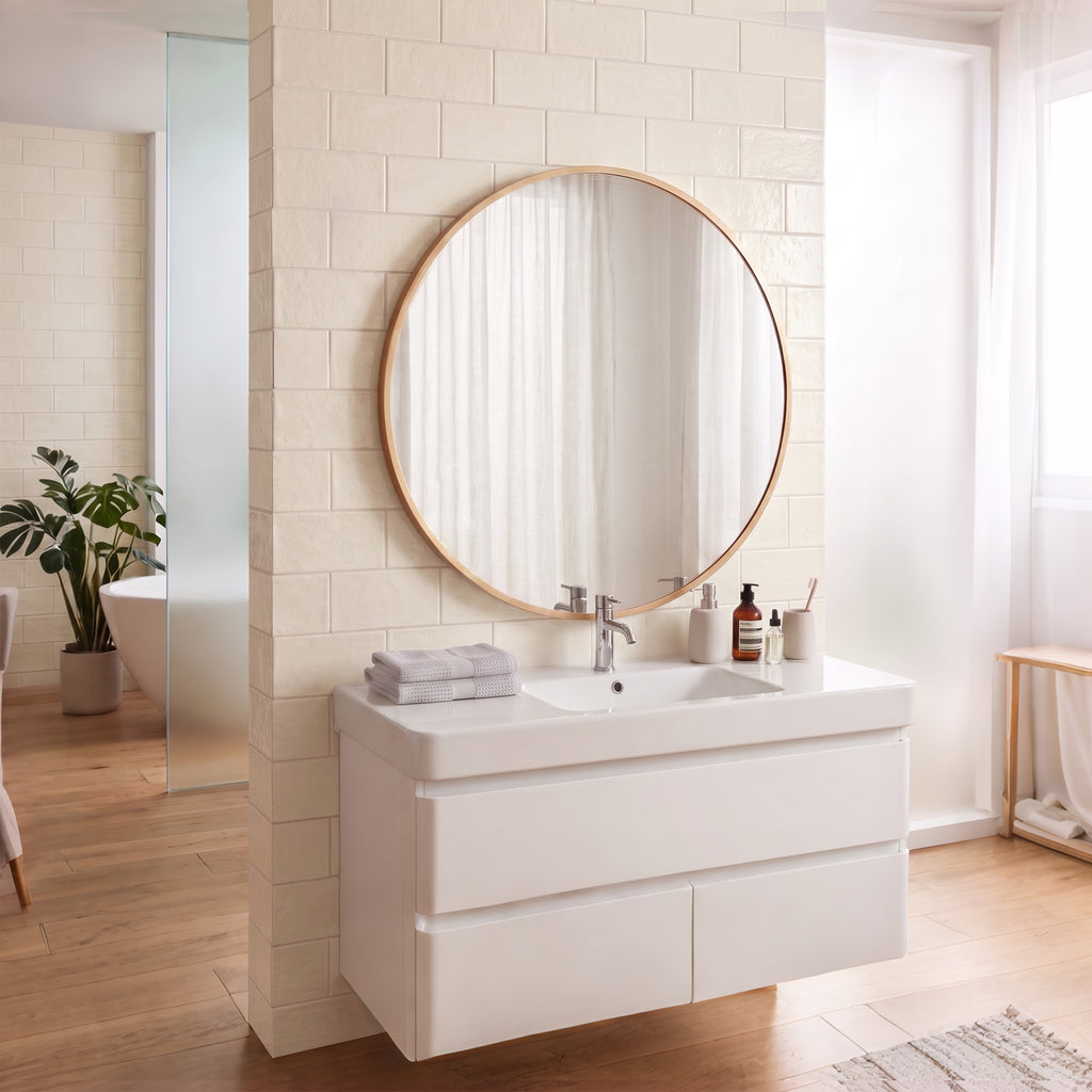 Miroir mural rond Ø 61 cm, cadre en alliage d'aluminium, pour salle de bain, chambre, salon, couloir, doré