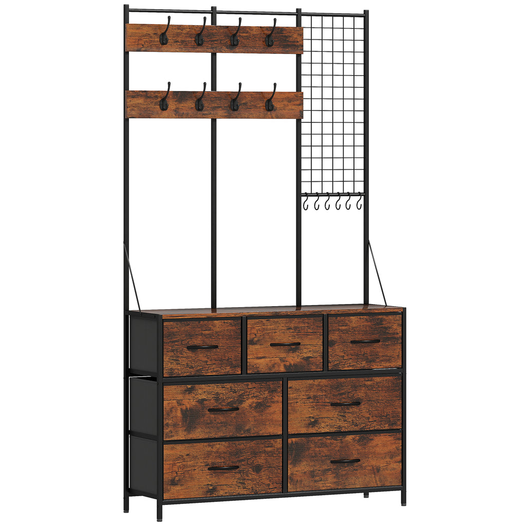 Garderobenständer 4-in-1, Garderobe mit 7 Stoffschubladen und 14 Haken, 100 x 30 x 183 cm, rustikales Braun