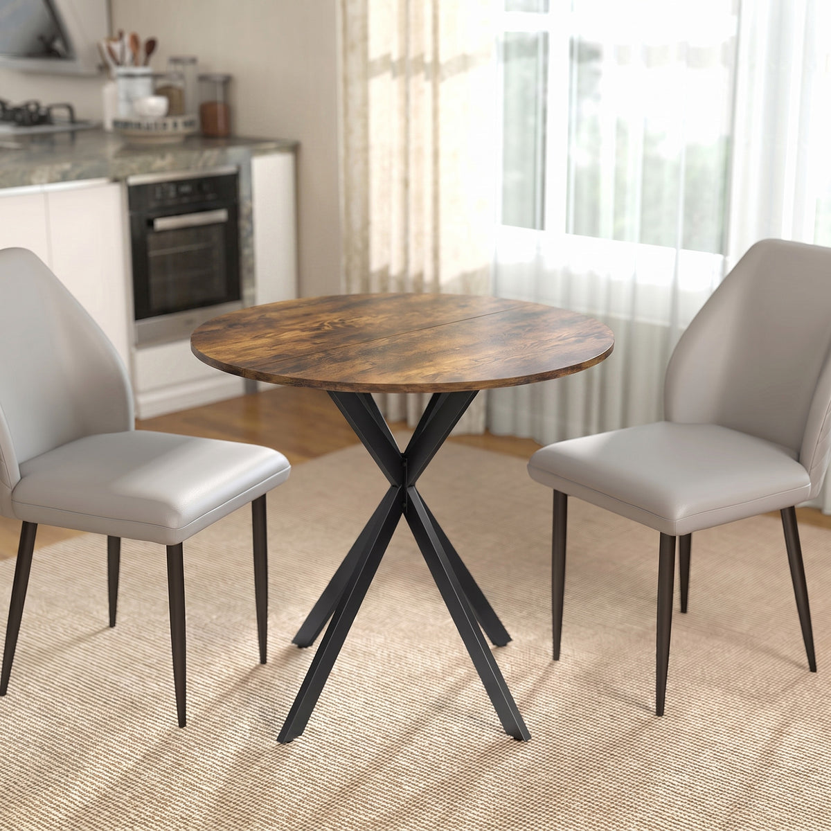Table à Manger Ronde pour 2 Personnes avec Plateau Aspect Bois et Piètement Croisé en Acier, Brun Rustique