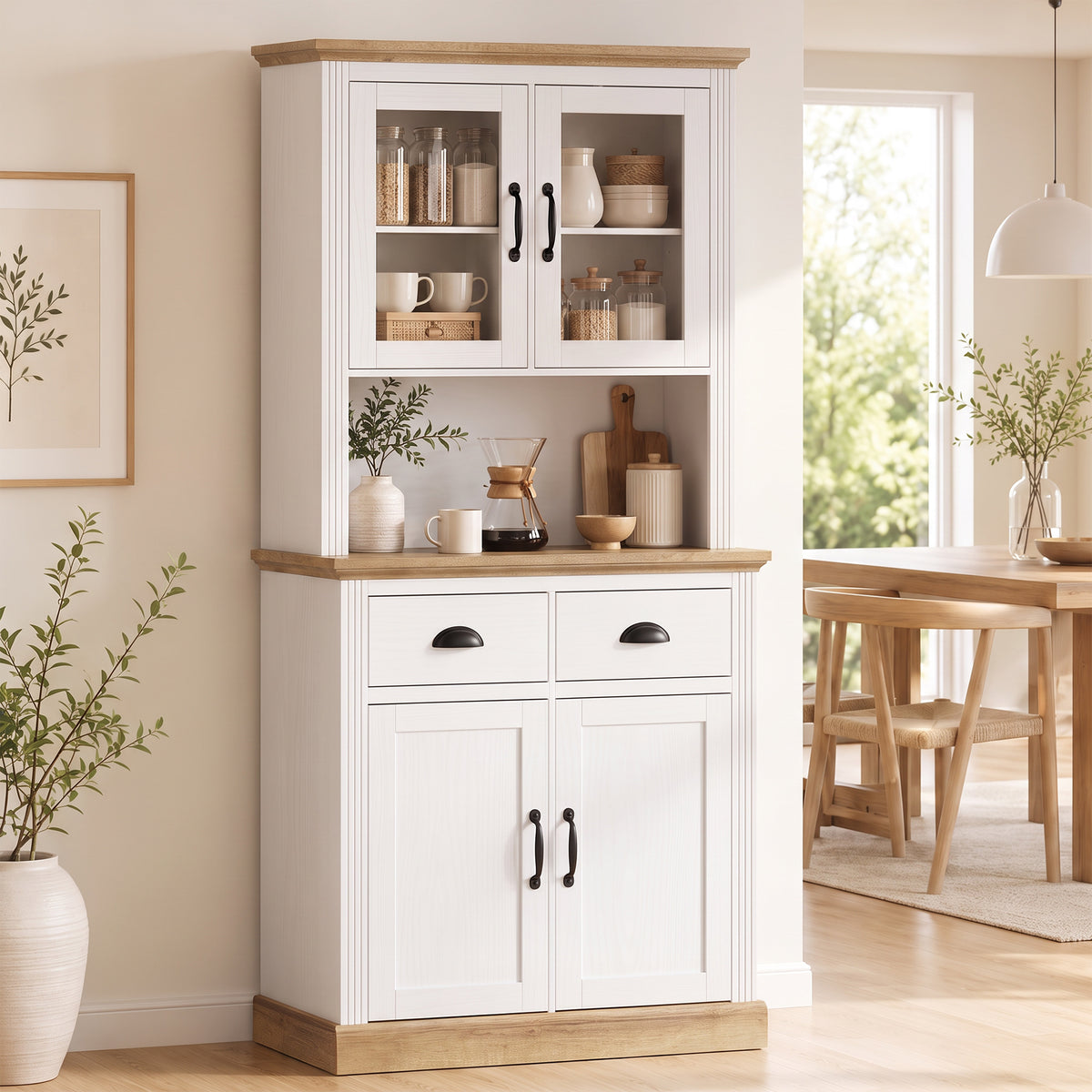 Highboard Küche, Küchenschrank, 4 Türen, davon 2 Glastüren, 2 Schubladen, Arbeitsplatte, verstellbare Einlegeböden, Weiß