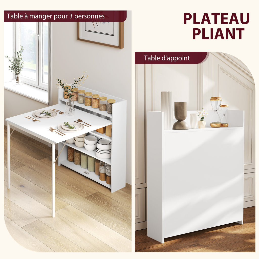 Klappbarer Esstisch, Küchentisch für 3 Personen, mit Klappplatte und 4 Ablagen, 78,5x91x93cm, Weiß