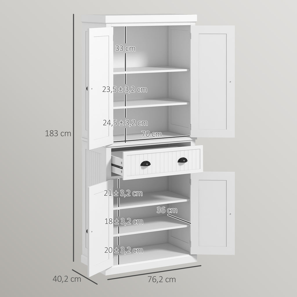Küchenschrank, Küchenbuffet, Mehrzweckschrank, verstellbare Einlegeböden, 4 Türen, große Schublade, 76,2 x 40,2 x 183 cm, Weiß