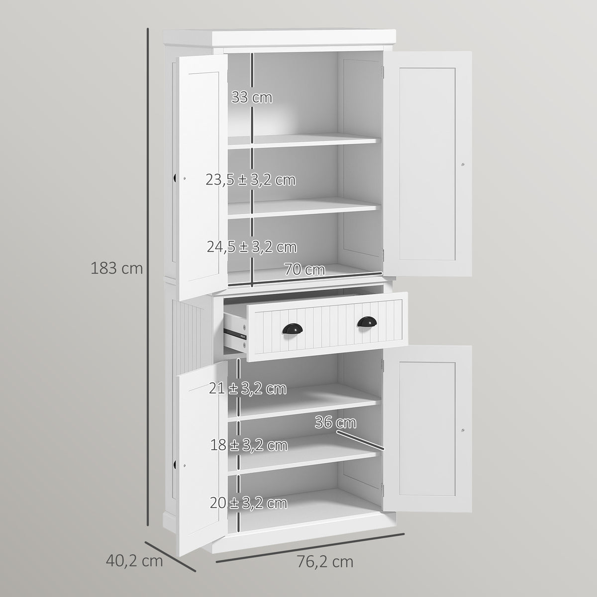 Küchenschrank, Küchenbuffet, Mehrzweckschrank, verstellbare Einlegeböden, 4 Türen, große Schublade, 76,2 x 40,2 x 183 cm, Weiß