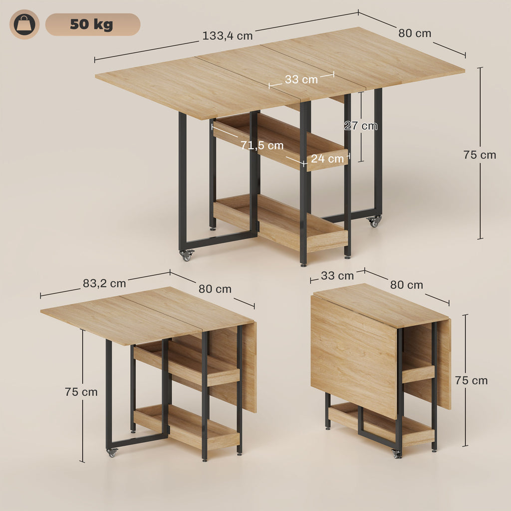 Table à manger pliante sur roulettes 4 personnes avec compartiments ouverts, pour petits espaces, salle à manger, chêne