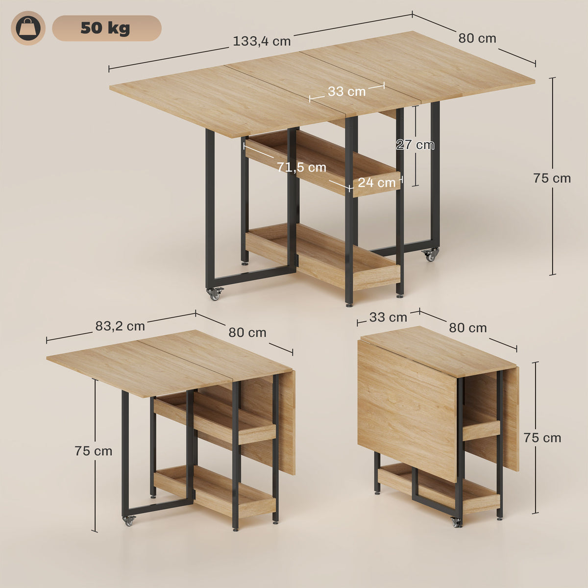 Table à manger pliante sur roulettes 4 personnes avec compartiments ouverts, pour petits espaces, salle à manger, chêne