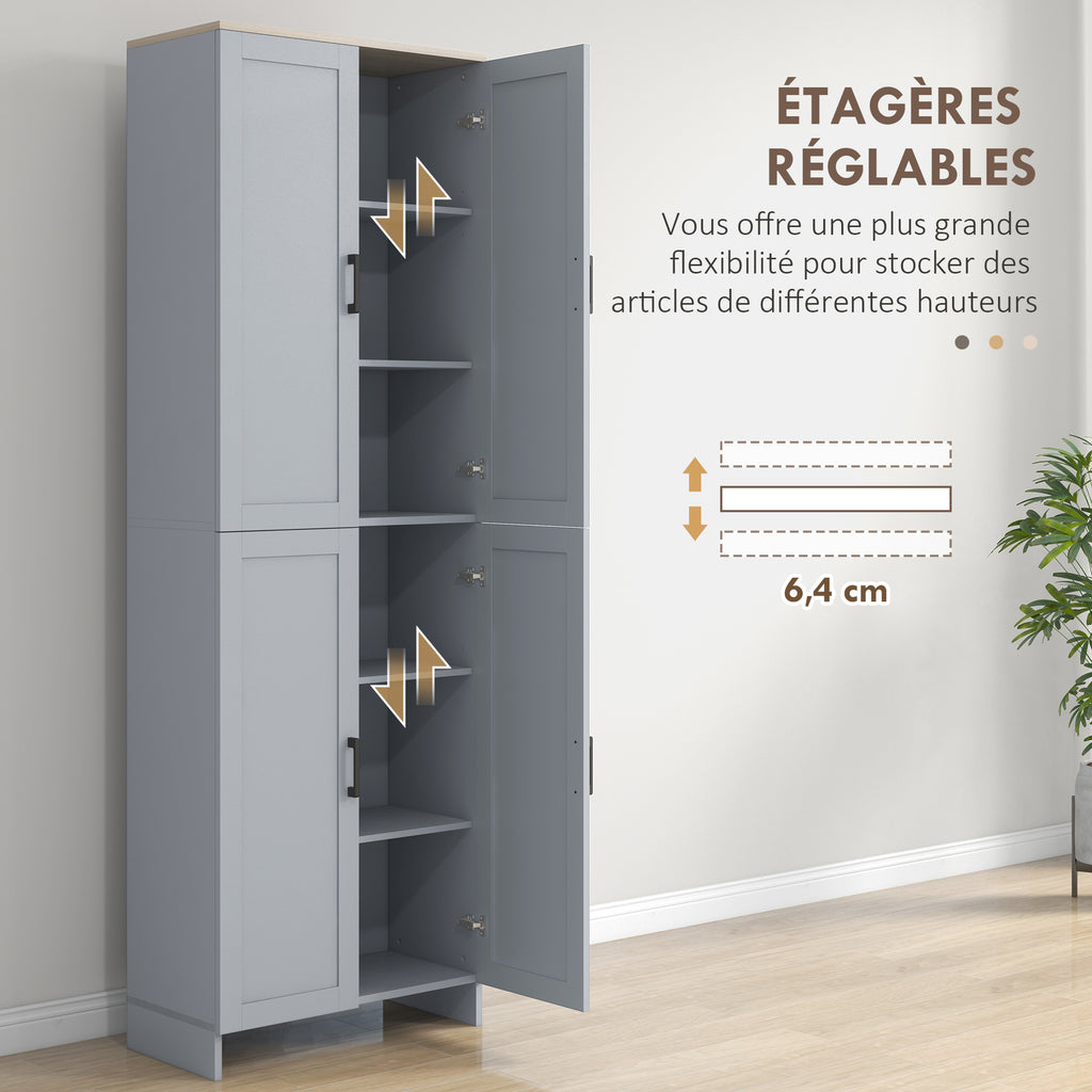 Küchenschrank, 170 cm hoch, Hochschrank mit 4 Türen und verstellbaren Einlegeböden, modernes Design, grau