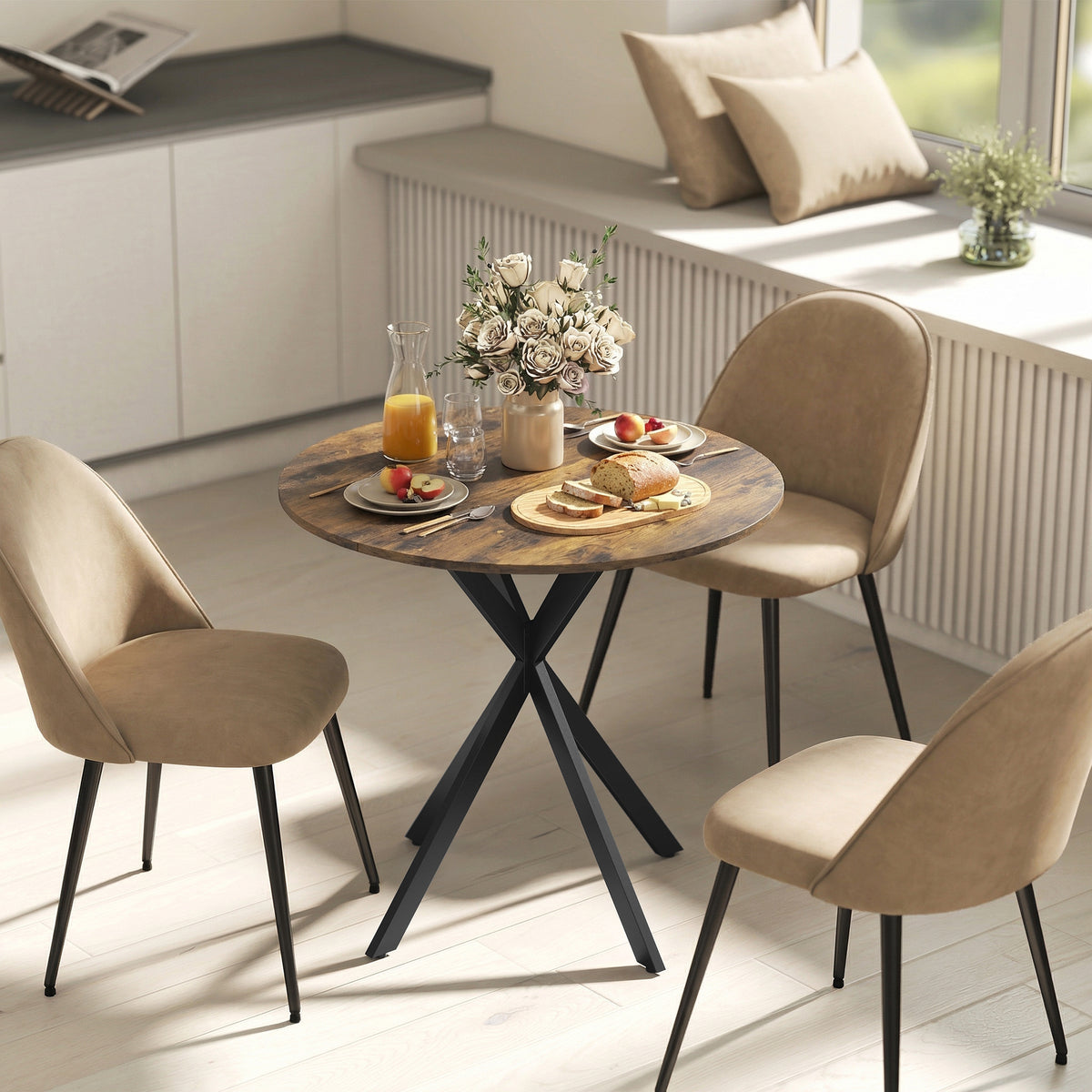 Table à Manger Ronde pour 2 Personnes avec Plateau Aspect Bois et Piètement Croisé en Acier, Brun Rustique