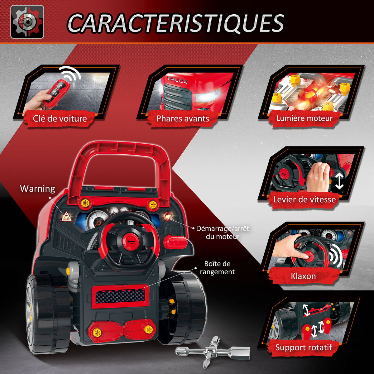 2-in-1 Mechaniker-LKW - DIY Kinder-Spielzeug - Werkbank Kinder - Mechaniker-Rollenspiel - Zahlreiche Zubehörteile insgesamt 61 Stück - Sound- und Lichteffekte - PP ABS Rot
