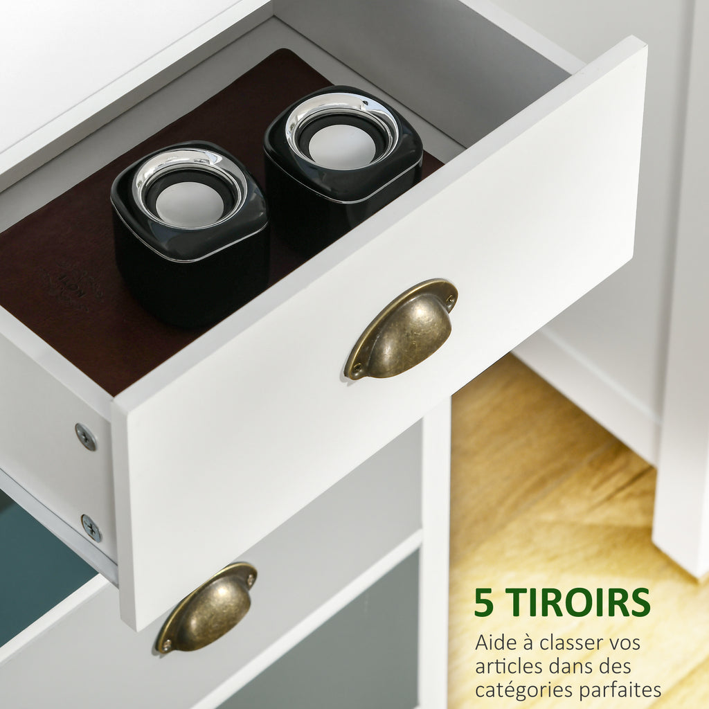 Kommode Aufbewahrungsschrank mit 5 bunten Schubladen und Muschelgriffen aus Metall, MDF – Maße 45L x 30B x 95,4H cm