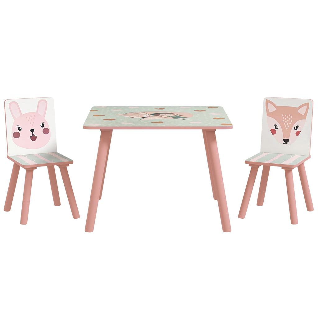 Kinder-Tisch- und Stuhl-Set, Kindertisch mit 2 Stühlen, Tiermotiv für Kinderzimmer, Rosa