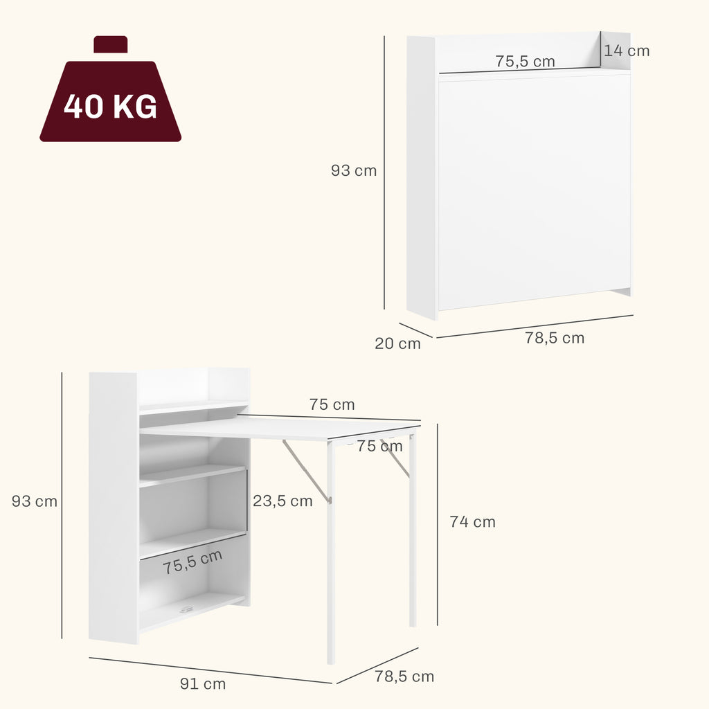 Klappbarer Esstisch, Küchentisch für 3 Personen, mit Klappplatte und 4 Ablagen, 78,5x91x93cm, Weiß