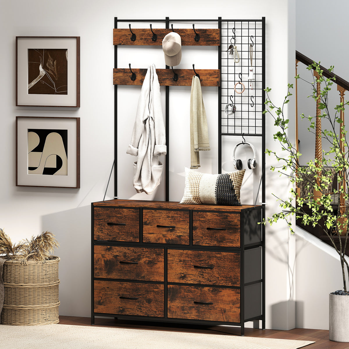 Garderobenständer 4-in-1, Garderobe mit 7 Stoffschubladen und 14 Haken, 100 x 30 x 183 cm, rustikales Braun