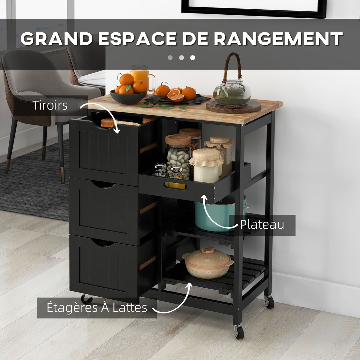 Chariot desserte de cuisine à roulettes plan de travail en bois 3 tiroirs et 1 plateau amovible 67 x 37 x 85,5 cm noir