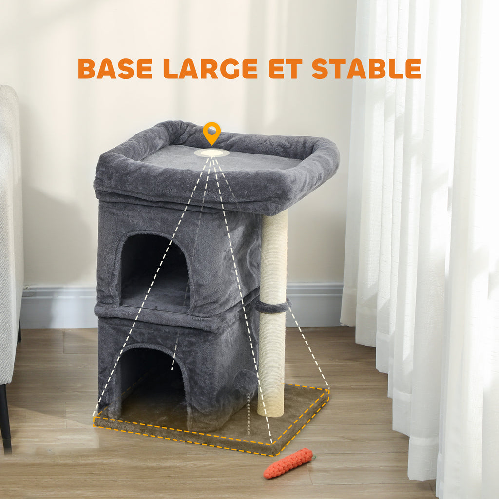 Arbre à chat, tour de jeux pour chat, plateforme, 2 niches et balle griffoirs en sisal, 45 x 40 x 66 cm, gris foncé
