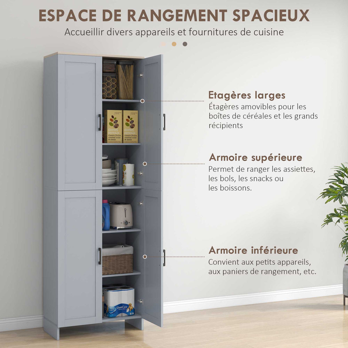 Küchenschrank, 170 cm hoch, Hochschrank mit 4 Türen und verstellbaren Einlegeböden, modernes Design, grau