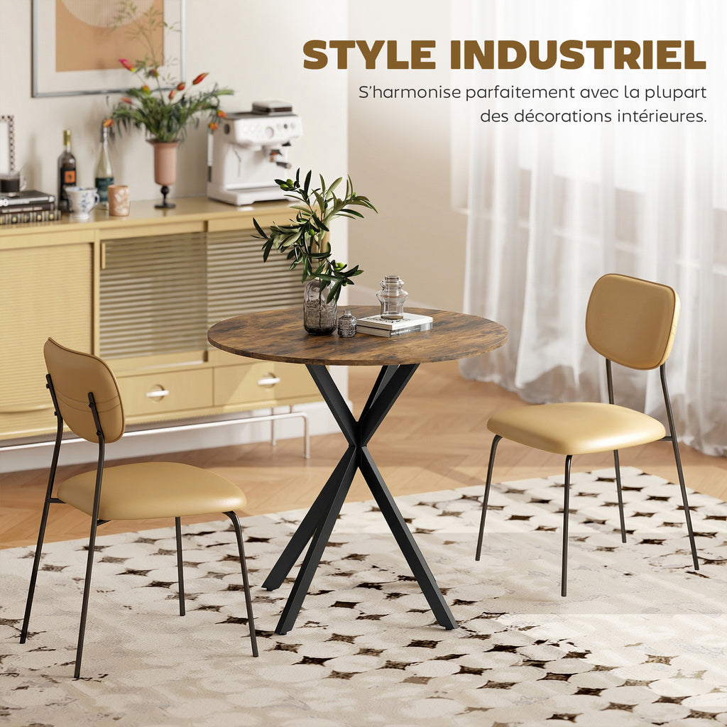 Table à Manger Ronde pour 2 Personnes avec Plateau Aspect Bois et Piètement Croisé en Acier, Brun Rustique