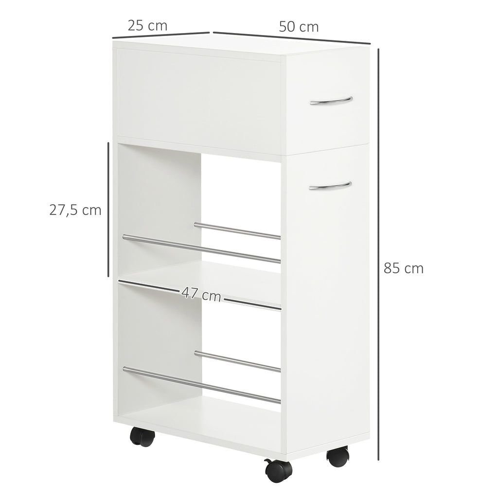 Chariot de cuisine avec 1 tiroir et 2 étagères ouvertes sur roulettes pour 25 x 50 x 85 cm Blanc