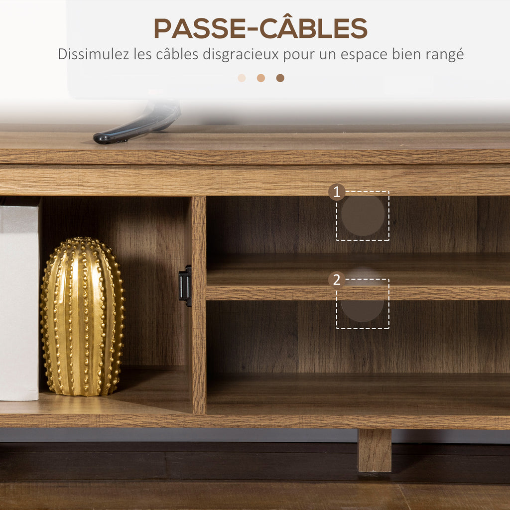 Meuble TV Banc TV 110 cm Design Industriel, avec 2 placards, 2 niches, 2 Passe-Fils, Aspect Bois veinage Portes métal Noir-3