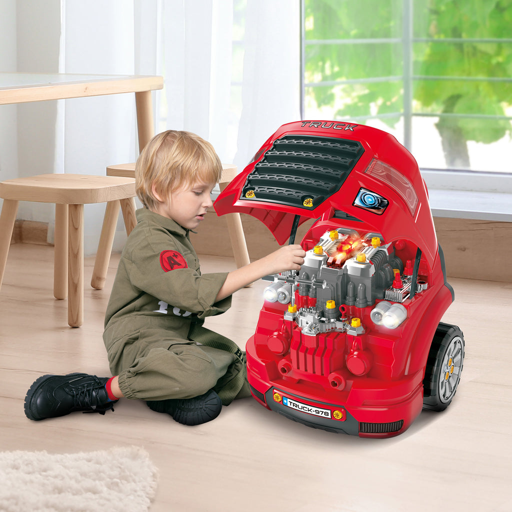 2-in-1 Mechaniker-LKW - DIY Kinder-Spielzeug - Werkbank Kinder - Mechaniker-Rollenspiel - Zahlreiche Zubehörteile insgesamt 61 Stück - Sound- und Lichteffekte - PP ABS Rot