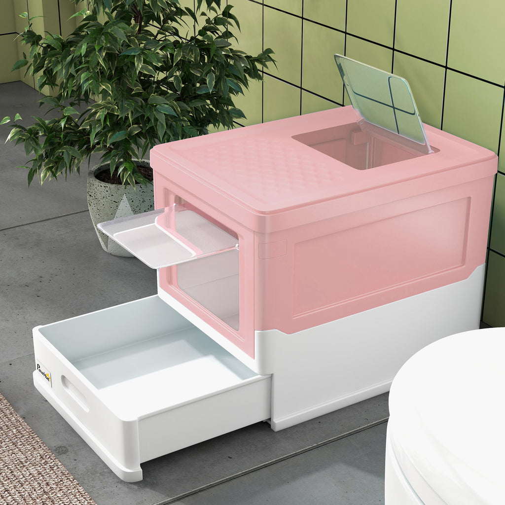 Zusammenklappbare Katzentoilette mit doppelt aufklappbarer Tür und von oben zu öffnender Tür, inklusive Schaufel, 47,5 x 35,5 x 36,7 cm, rosa