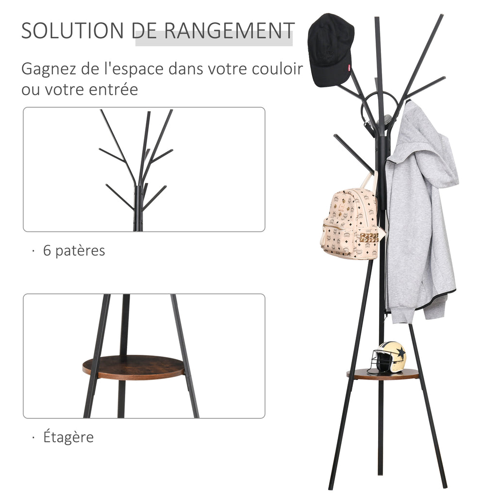 Porte-manteau trépied design contemporain branches étagère + 9 patères dim. 45L x 45l x 180H cm métal marron