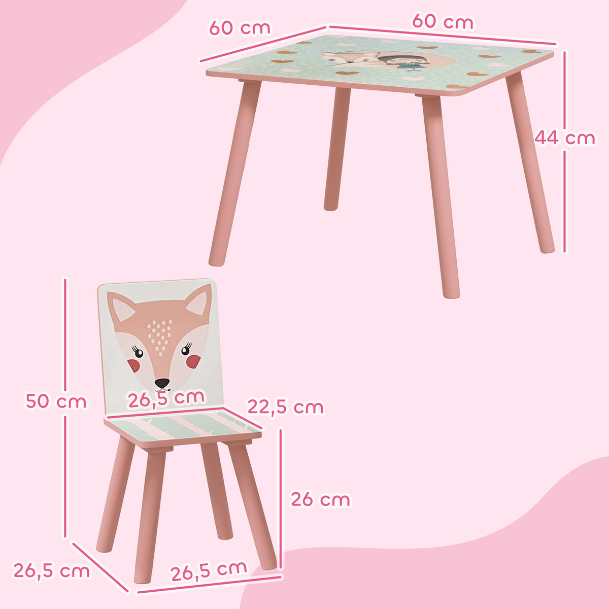 Kinder-Tisch- und Stuhl-Set, Kindertisch mit 2 Stühlen, Tiermotiv für Kinderzimmer, Rosa