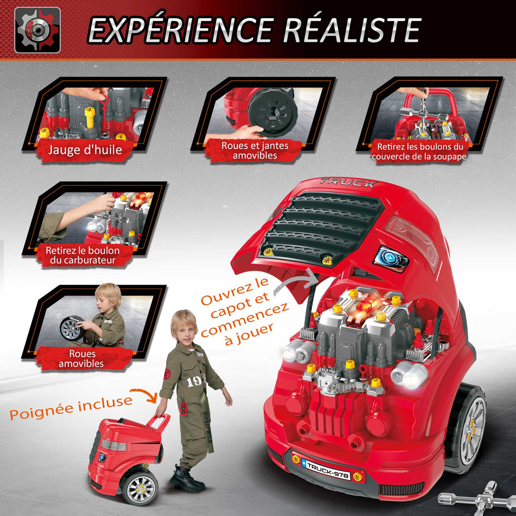 2-in-1 Mechaniker-LKW - DIY Kinder-Spielzeug - Werkbank Kinder - Mechaniker-Rollenspiel - Zahlreiche Zubehörteile insgesamt 61 Stück - Sound- und Lichteffekte - PP ABS Rot