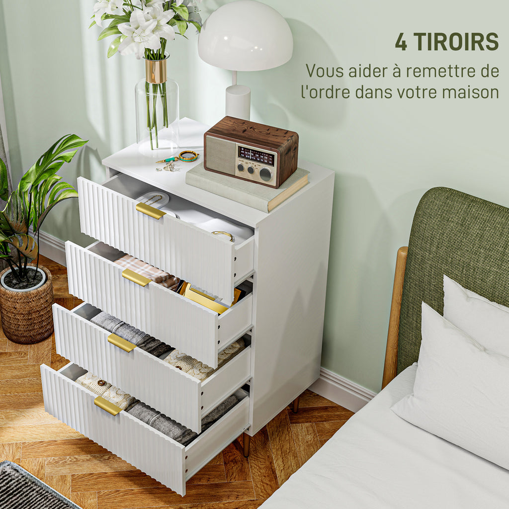 Commode 4 tiroirs commode chambre meuble de rangement moderne avec poignées et pieds dorés, dim. 60 x 40 x 96 cm, blanc